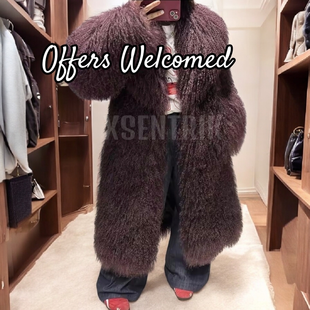 Genuine Mongolian Lamb Fur Coat - Luxurious Fur (Burgandy/Wine) - Picture 3 of 15